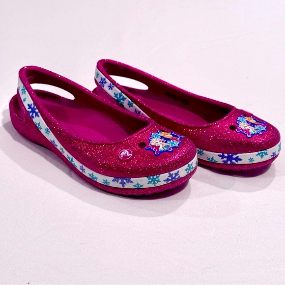 Crocs Disney Frozen Flats Girls 11 Genna Il Berry Glitter Anna Elsa Slingbacks - Picture 1 of 7